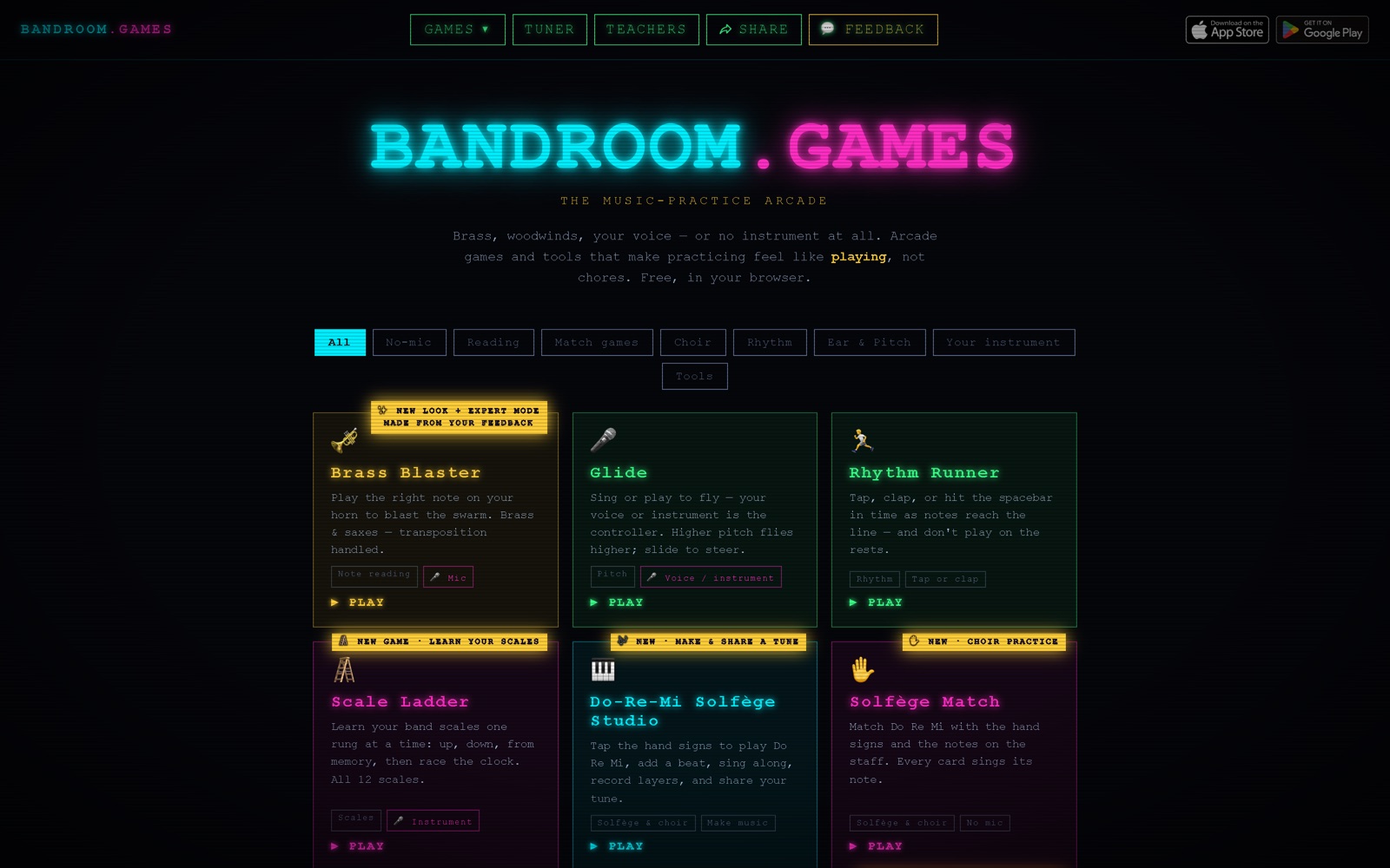The BANDROOM.GAMES home page showing the arcade of music practice games