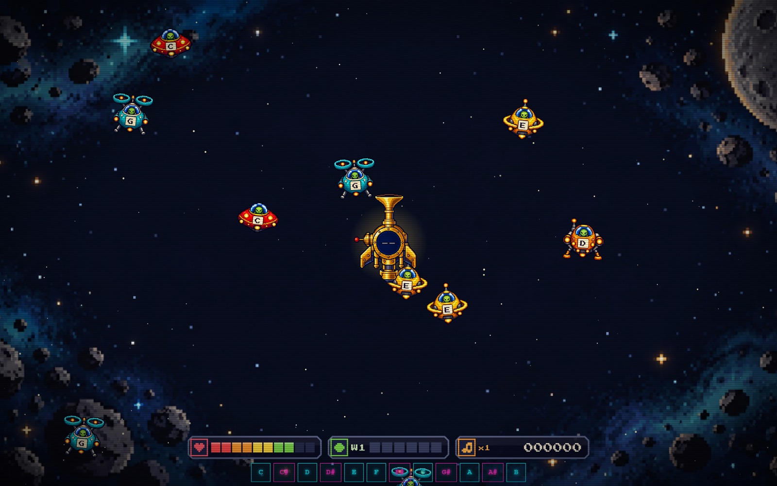 Brass Blaster gameplay: a golden brass spaceship surrounded by alien ships, each labeled with a note name