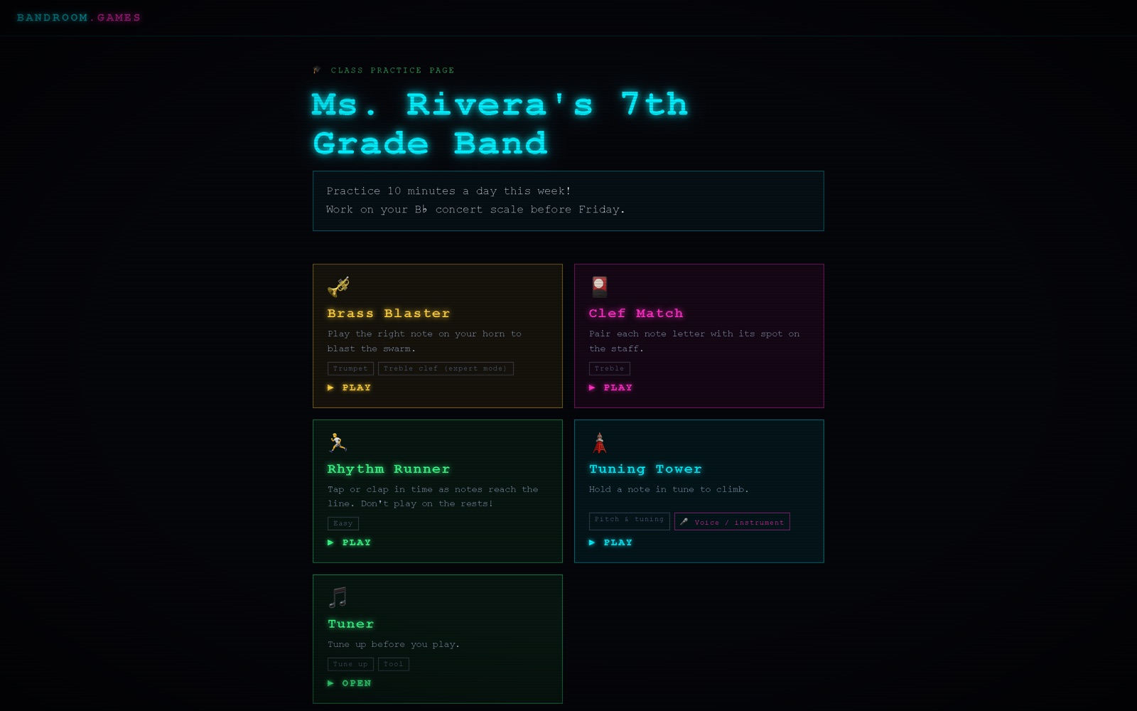 A teacher's class page listing the games chosen for their band